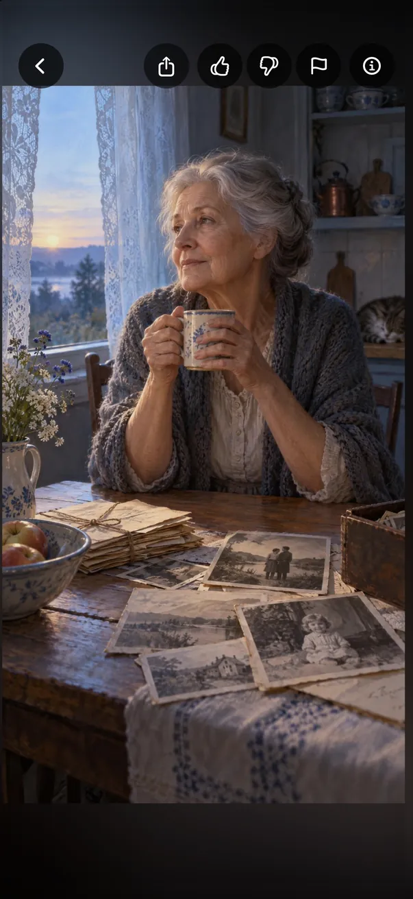 A picture shown full screen in Cinder: a woman with a mug at a kitchen table at dawn, old letters and photographs in front of her.