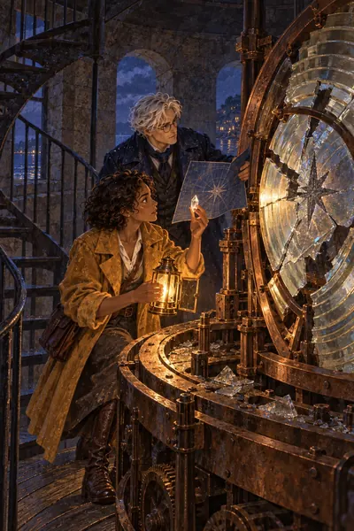 Soft gouache. At the top of the tower, Mara holds a small crystal by a huge broken lens while Elias holds the map.