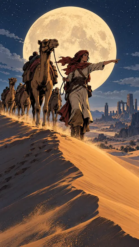 A young woman leads a camel caravan over a dune under an enormous moon, pointing toward distant ruins.