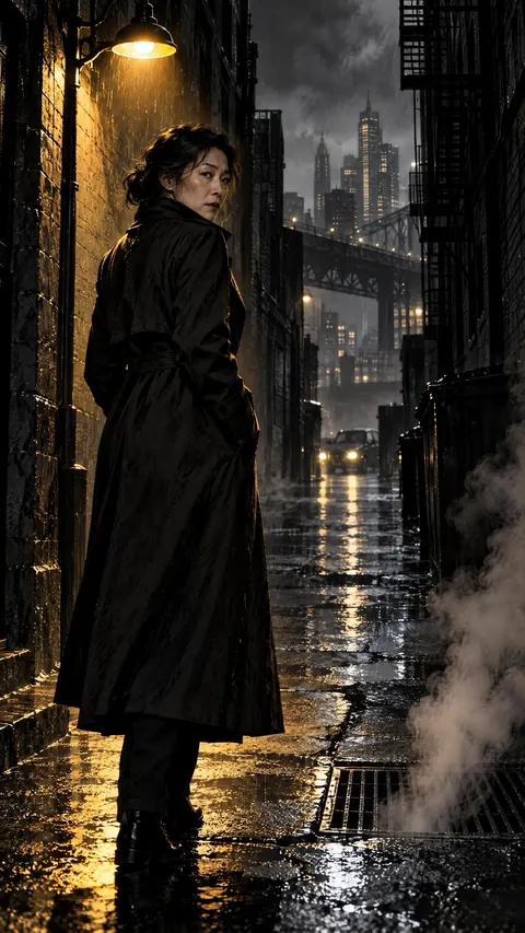 A detective in a long dark coat stands under a streetlight in a rain-slick alley, steam rising from a grate.
