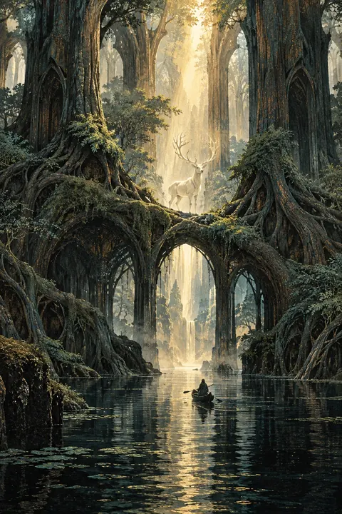 A small boat crosses still water beneath giant tree roots; a white stag stands in the light beyond.